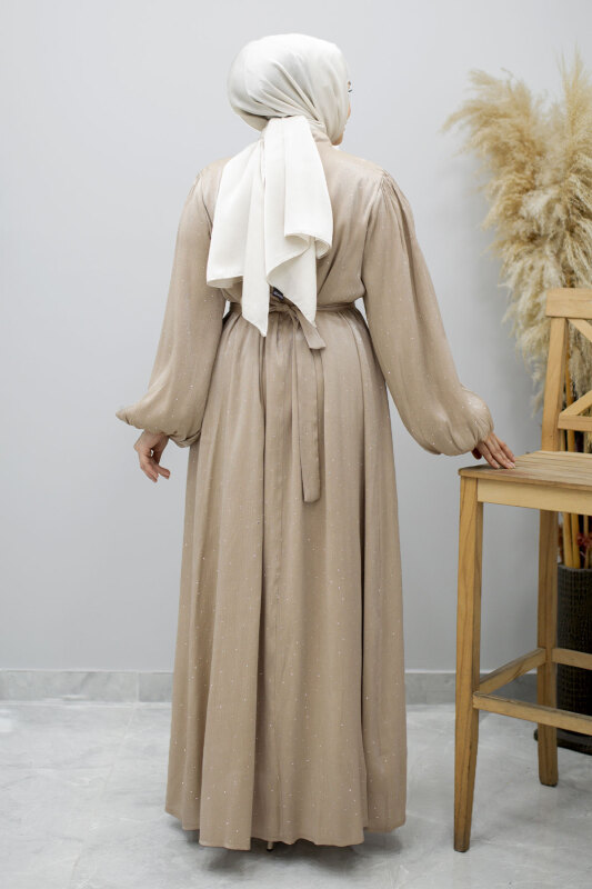 Balon Kol Taş Detaylı Abiye TSD260182 Bej - 6