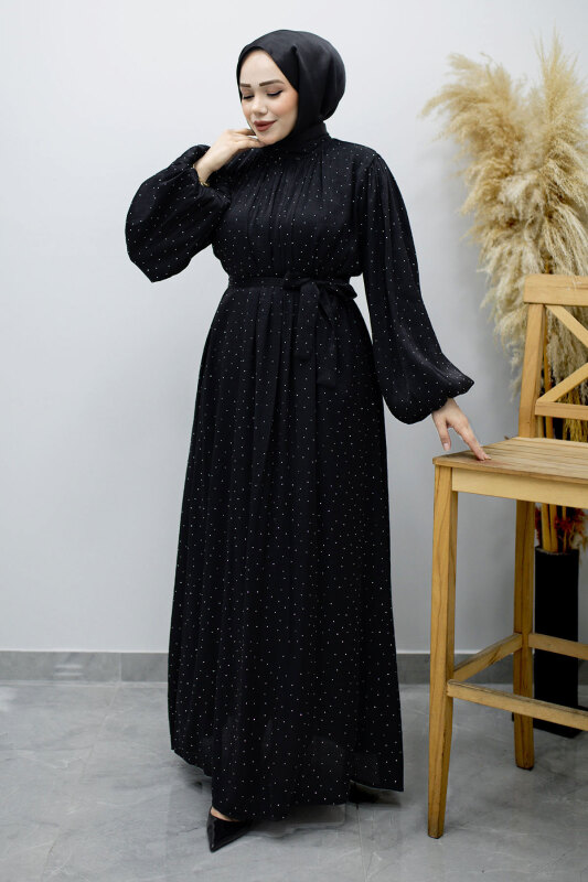 Balon Kol Taş Detaylı Abiye TSD260182 Siyah - Tesettür Dünyası