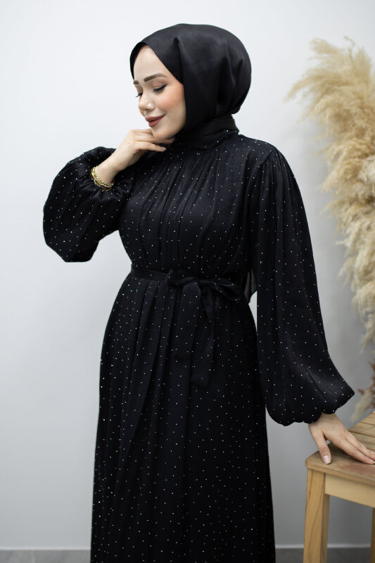 Balon Kol Taş Detaylı Abiye TSD260182 Siyah - Tesettür Dünyası (1)