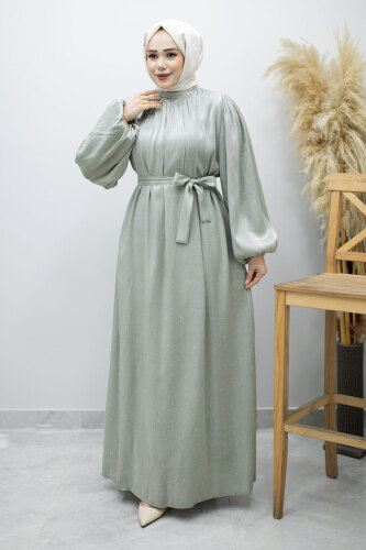 Balon Kol Taş Detaylı Abiye TSD260182 Su Yeşili 