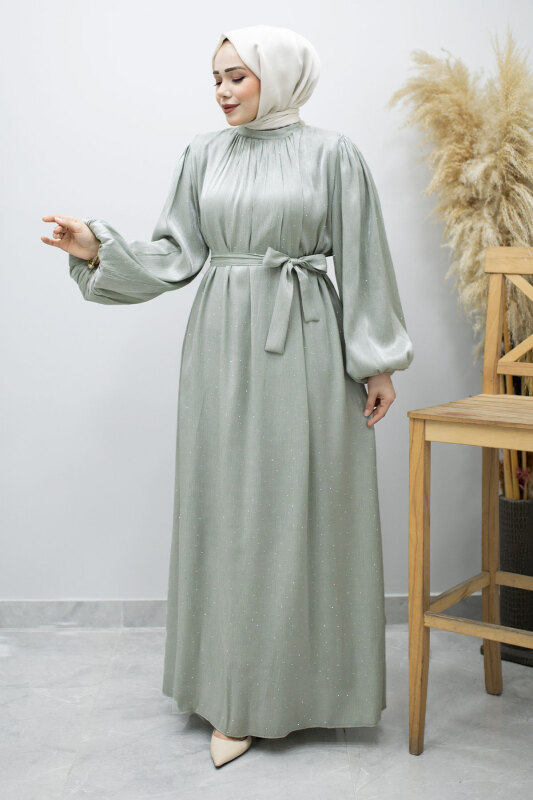 Balon Kol Taş Detaylı Abiye TSD260182 Su Yeşili - 3