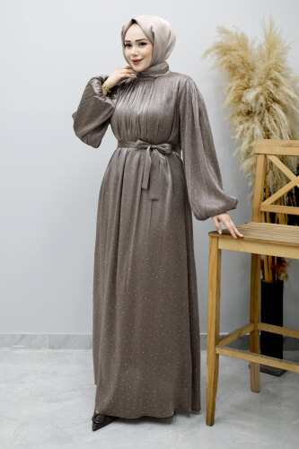 Balon Kol Taş Detaylı Abiye TSD260182 Vizon 