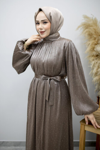 Balon Kol Taş Detaylı Abiye TSD260182 Vizon - 2