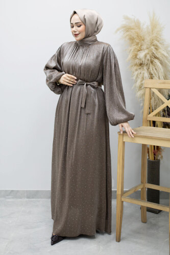 Balon Kol Taş Detaylı Abiye TSD260182 Vizon - 3