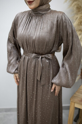 Balon Kol Taş Detaylı Abiye TSD260182 Vizon - 4