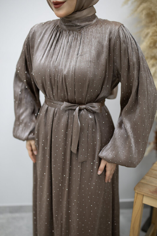 Balon Kol Taş Detaylı Abiye TSD260182 Vizon - 4