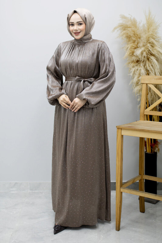 Balon Kol Taş Detaylı Abiye TSD260182 Vizon - 5