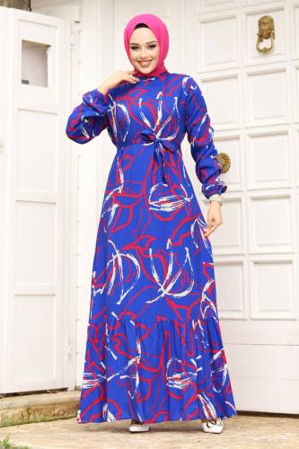 Baskı Desenli Eteği Volanlı Elbise TSD240241 Saks Mavisi - 3