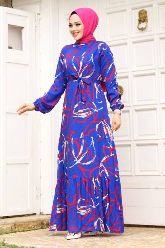 Baskı Desenli Eteği Volanlı Elbise TSD240241 Saks Mavisi - 4