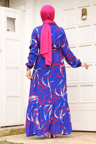 Baskı Desenli Eteği Volanlı Elbise TSD240241 Saks Mavisi - 5