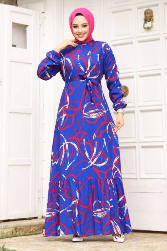 Baskı Desenli Eteği Volanlı Elbise TSD240241 Saks Mavisi 