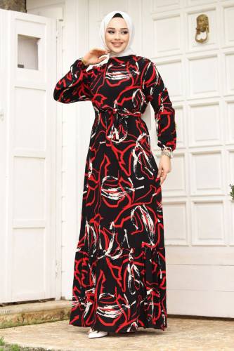 Baskı Desenli Eteği Volanlı Elbise TSD240241 Siyah - 3