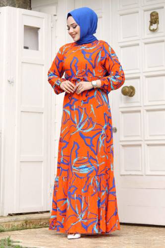 Baskı Desenli Eteği Volanlı Elbise TSD240241 Turuncu - 4