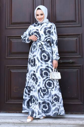 Batik Desenli Eteği Volanlı Elbise TSD240209 Antrasit - 1