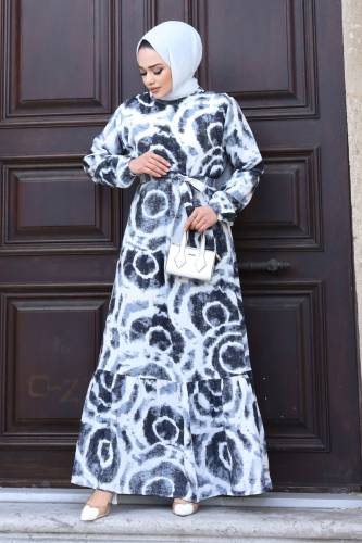 Batik Desenli Eteği Volanlı Elbise TSD240209 Antrasit - 3