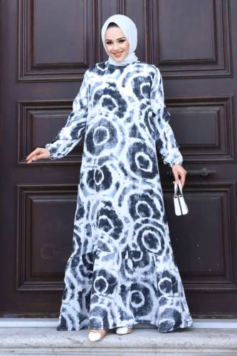 Batik Desenli Eteği Volanlı Elbise TSD240209 Antrasit - 4