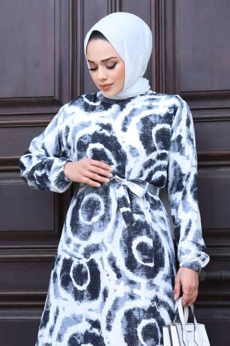Batik Desenli Eteği Volanlı Elbise TSD240209 Antrasit - 2