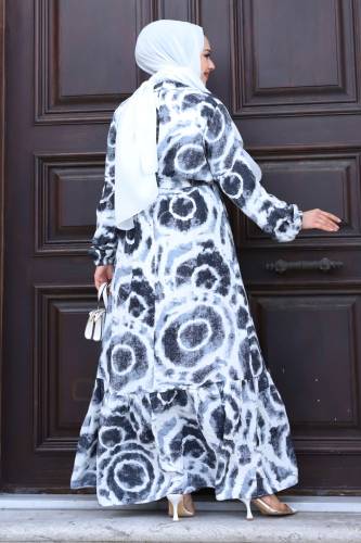 Batik Desenli Eteği Volanlı Elbise TSD240209 Antrasit - 5