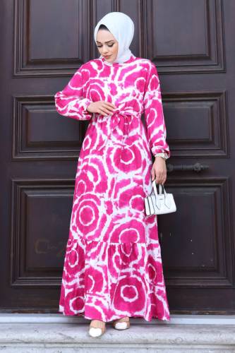 Batik Desenli Eteği Volanlı Elbise TSD240209 Fuşya 