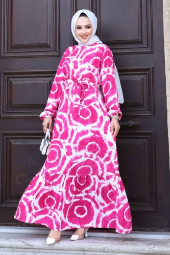 Batik Desenli Eteği Volanlı Elbise TSD240209 Fuşya - 3