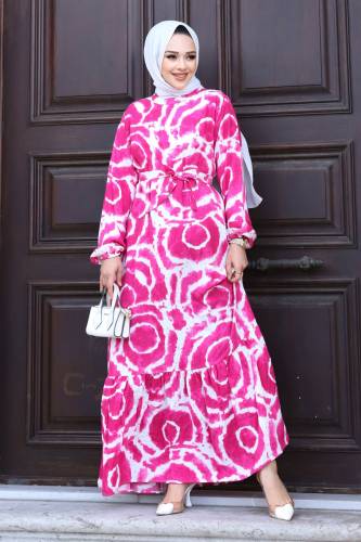 Batik Desenli Eteği Volanlı Elbise TSD240209 Fuşya - 4