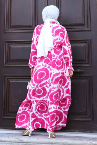 Batik Desenli Eteği Volanlı Elbise TSD240209 Fuşya - 5