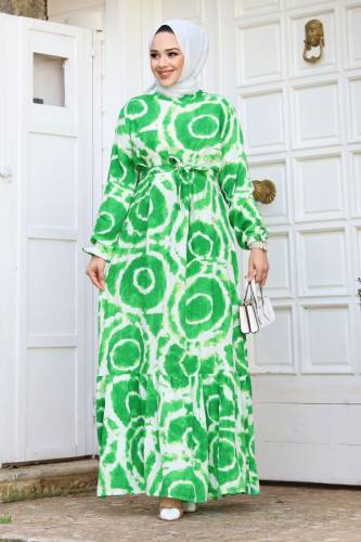 Batik Desenli Eteği Volanlı Elbise TSD240209 Yeşil 