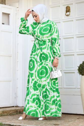 Batik Desenli Eteği Volanlı Elbise TSD240209 Yeşil - 3