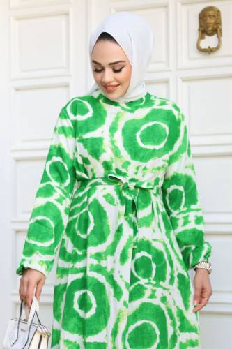 Batik Desenli Eteği Volanlı Elbise TSD240209 Yeşil - 2