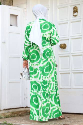 Batik Desenli Eteği Volanlı Elbise TSD240209 Yeşil - 5
