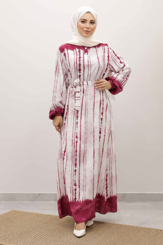 Batik Desenli Viskon Elbise TSD250229 Fuşya 