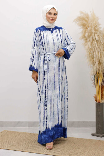 Batik Desenli Viskon Elbise TSD250229 İndigo 