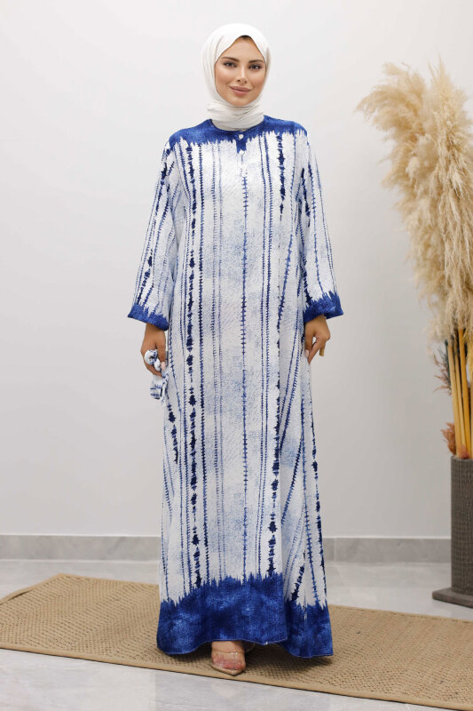 Batik Desenli Viskon Elbise TSD250229 İndigo - 7