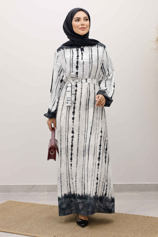 Batik Desenli Viskon Elbise TSD250229 Siyah - Tesettür Dünyası