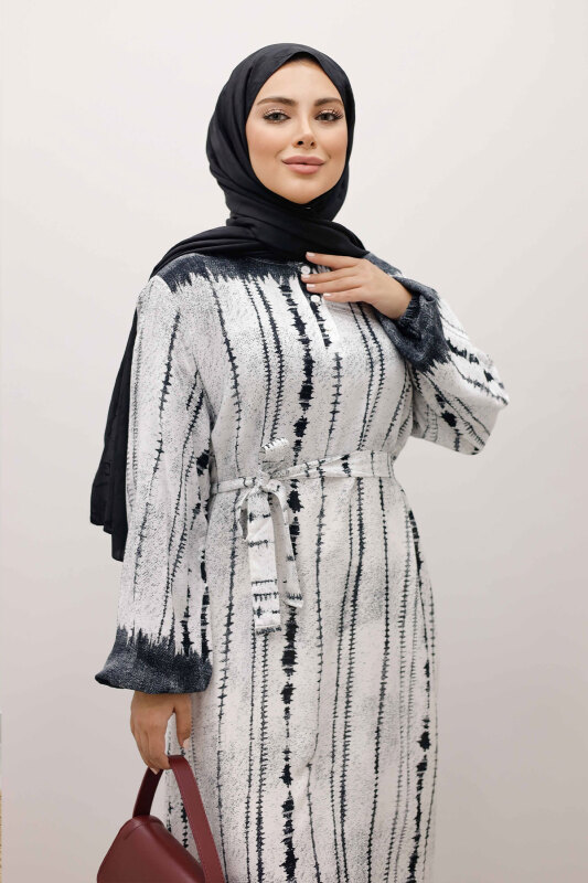 Batik Desenli Viskon Elbise TSD250229 Siyah - Tesettür Dünyası (1)