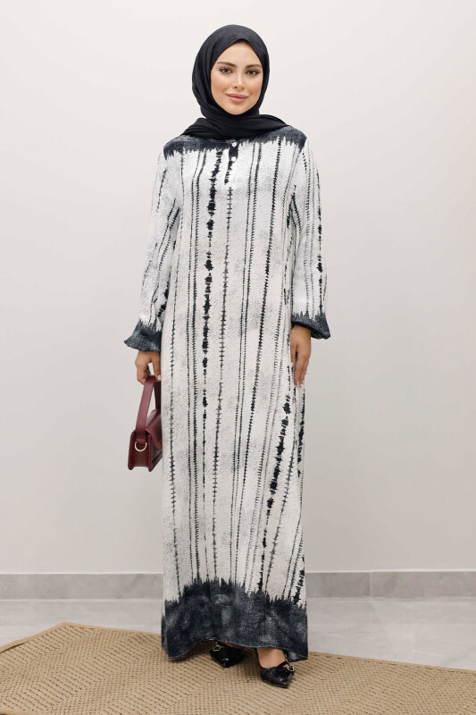 Batik Desenli Viskon Elbise TSD250229 Siyah - 5