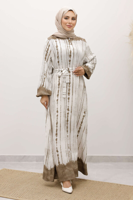 Batik Desenli Viskon Elbise TSD250229 Vizon - Tesettür Dünyası