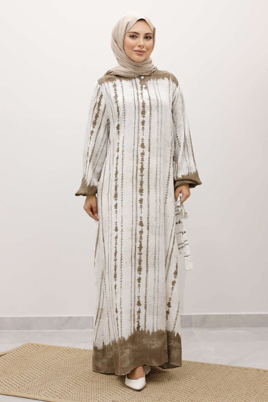 Batik Desenli Viskon Elbise TSD250229 Vizon - 5