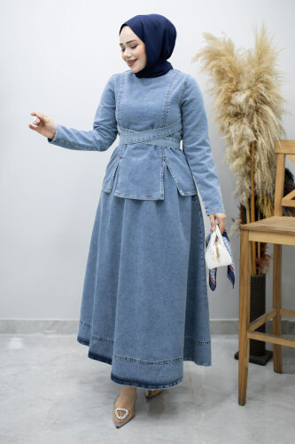 Belden Bağlamalı Etekli Kot Takım TSD260187 Açık Mavi 