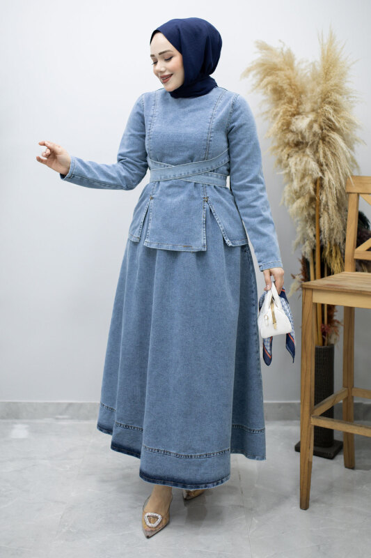 Belden Bağlamalı Etekli Kot Takım TSD260187 Açık Mavi - Tesettür Dünyası