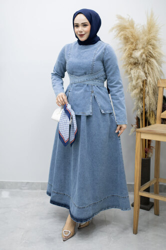 Belden Bağlamalı Etekli Kot Takım TSD260187 Açık Mavi - 3