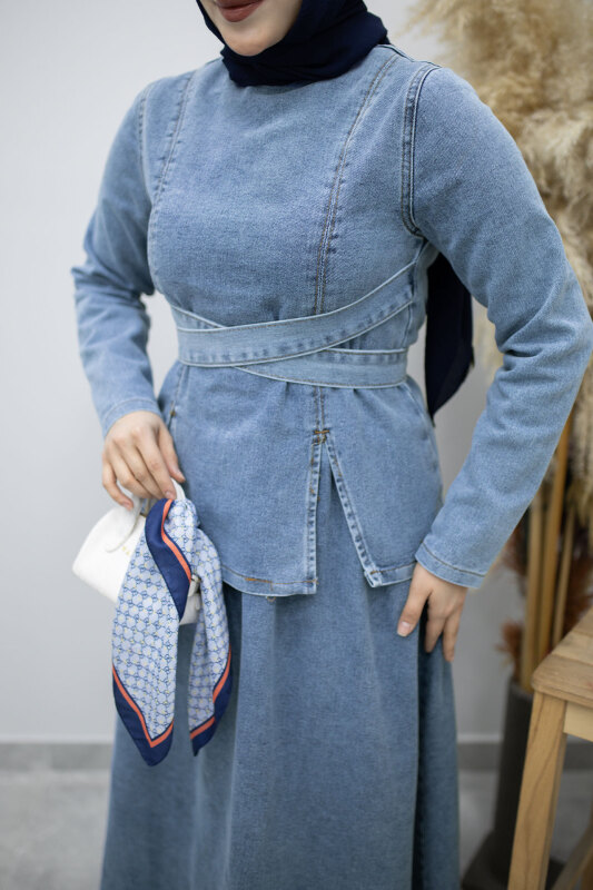 Belden Bağlamalı Etekli Kot Takım TSD260187 Açık Mavi - 4