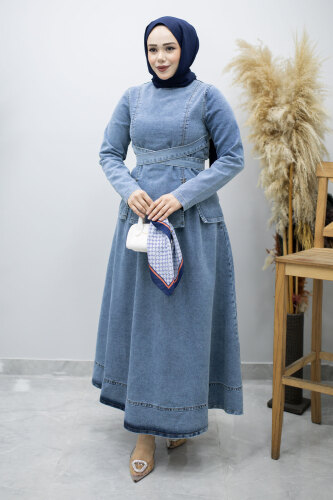 Belden Bağlamalı Etekli Kot Takım TSD260187 Açık Mavi - 5