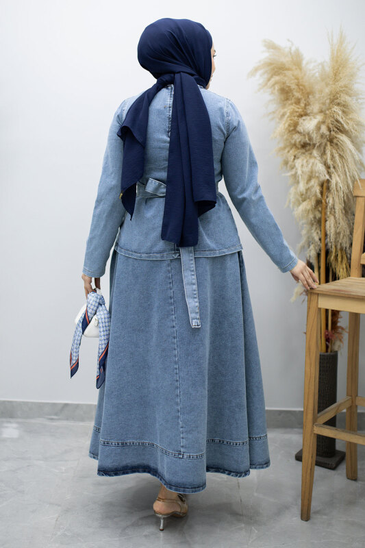 Belden Bağlamalı Etekli Kot Takım TSD260187 Açık Mavi - 6