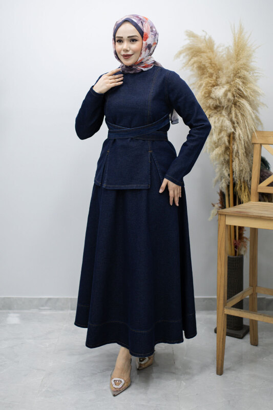 Belden Bağlamalı Etekli Kot Takım TSD260187 Koyu Mavi - Tesettür Dünyası