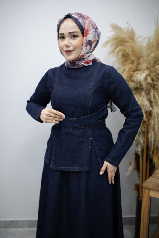 Belden Bağlamalı Etekli Kot Takım TSD260187 Koyu Mavi - Tesettür Dünyası (1)