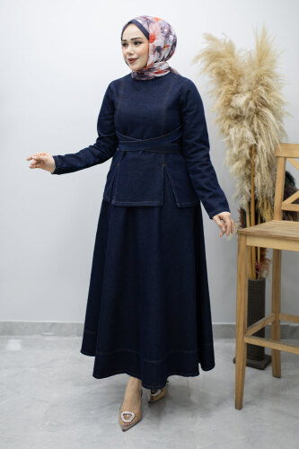 Belden Bağlamalı Etekli Kot Takım TSD260187 Koyu Mavi - 3