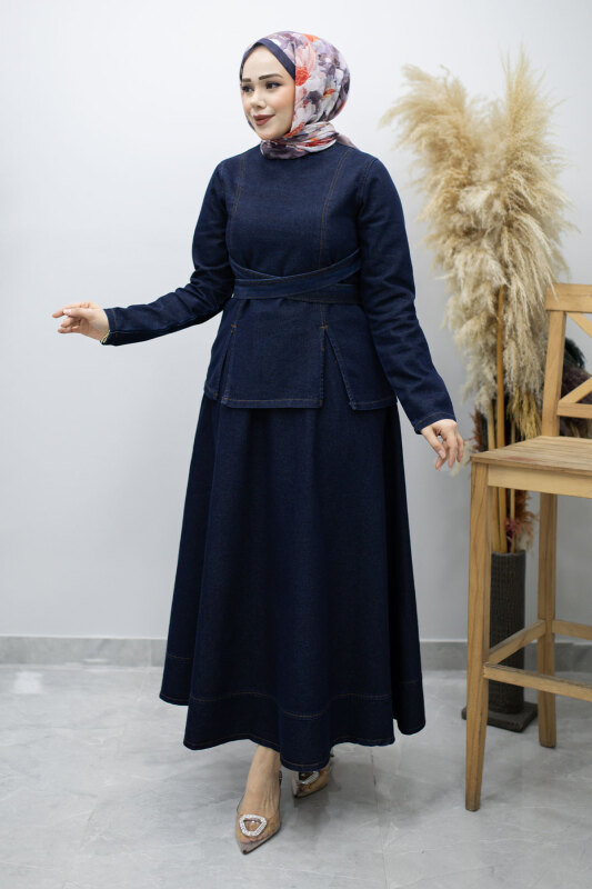 Belden Bağlamalı Etekli Kot Takım TSD260187 Koyu Mavi - 3