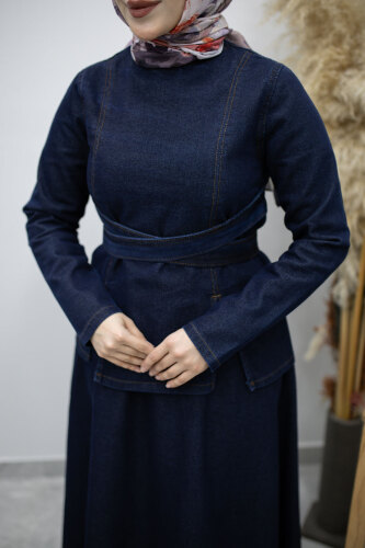 Belden Bağlamalı Etekli Kot Takım TSD260187 Koyu Mavi - 4