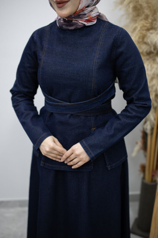 Belden Bağlamalı Etekli Kot Takım TSD260187 Koyu Mavi - 4